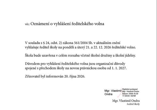 Oznámení o vyhlášení ředitelského volna